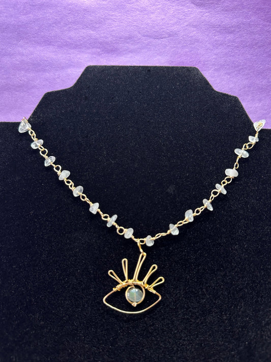 CLEAR QUARTZ & LABRADORITE EYE PENDANT CHOKER